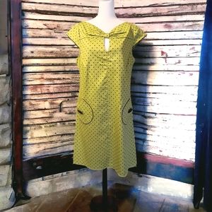 Sunhee True VTG Green Brown Polka Dot Cap Sleeve Cute Knee Length Dress 12 NWOT